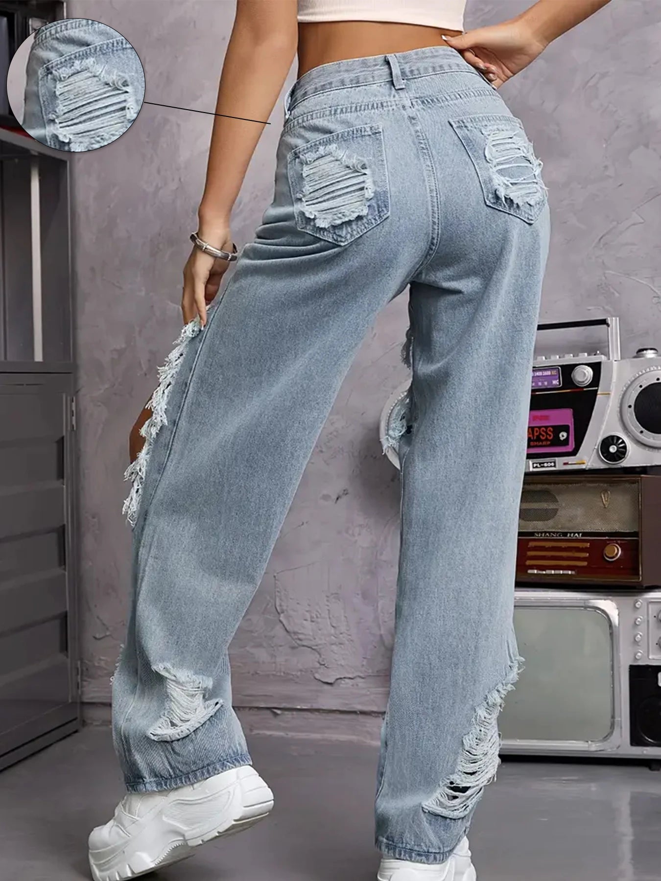 Ripped Denim Hollow-Out Washed Women's Baggy Hip-Hop Streetwear Jeans