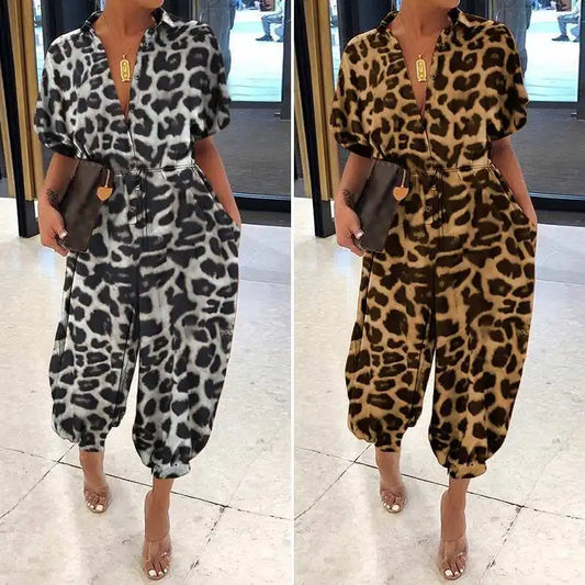 Leopard Short Sleeve Print V-Neck Turn-Down Collar Elastic Waist Jumpsuit