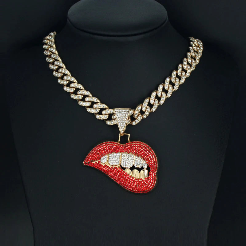 Red Bite Lip Pendant Crystal Iced Out Hip-Hop Cuban Link Chain Necklace