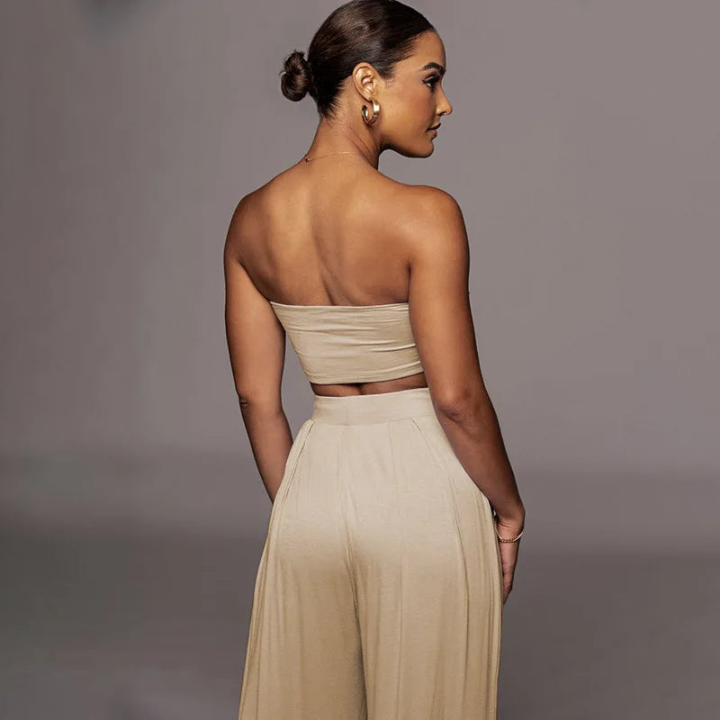 Sleeveless Bowknot Design Tube Top+ Wide Leg Pants Women's Solid Color 2-Piece Set