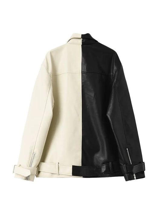 Colorblock Splicing PU Soft Faux Leather Belted Jacket