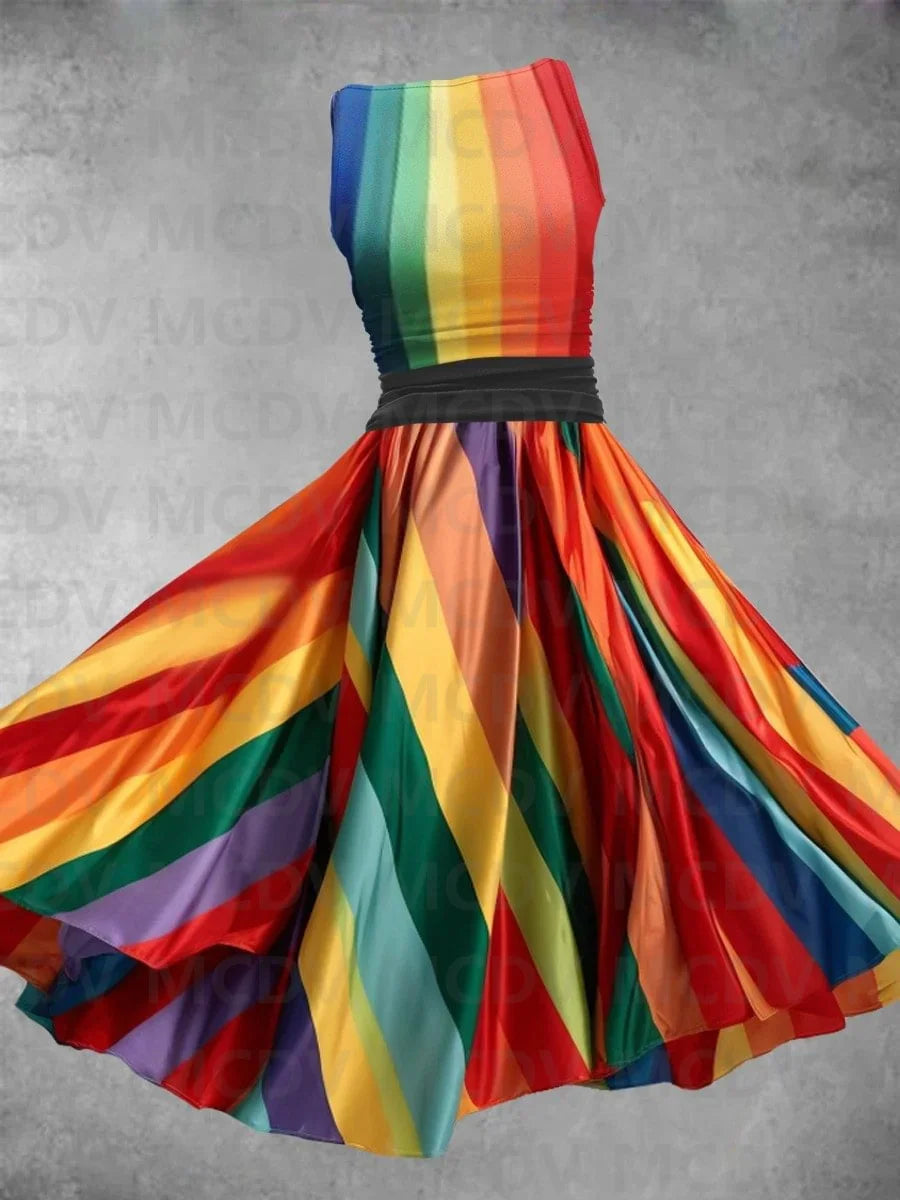 Rainbow Gradient/Plaid/Polka Dot/Striped Colorblock 3D Print Sleeveless O-Neck Swing Midi Dress to 3X Plus Size