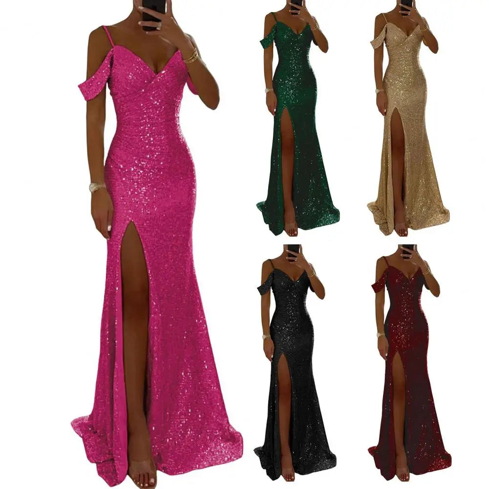 Shiny Sparkling Sequin Off-the-Shoulder V-Neck High Side Slit Party Maxi Dress