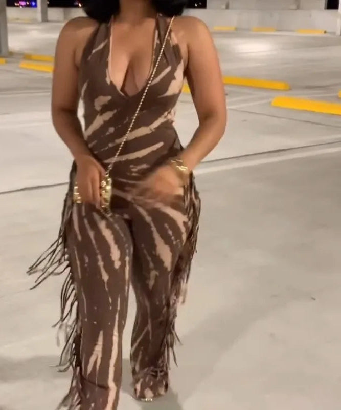 Coffee/Grey Striped Swirl Print Tassel Fringe Design Backless V-Neck Bodycon Women's Sleeveless Jumpsuit to 3X Plus Size
