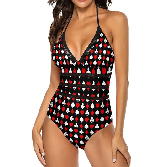 Women's Spaghetti Strap V-Neck Playing Card Print One-Piece Swimsuit