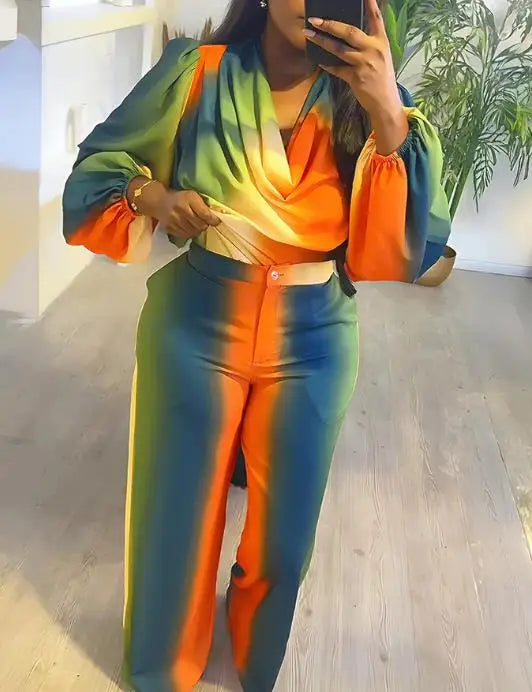 Striped Colorblock Tie-Dye Print Cowl Neck Puff Sleeve Top & Wide Leg Pants Women's 2-Piece Set