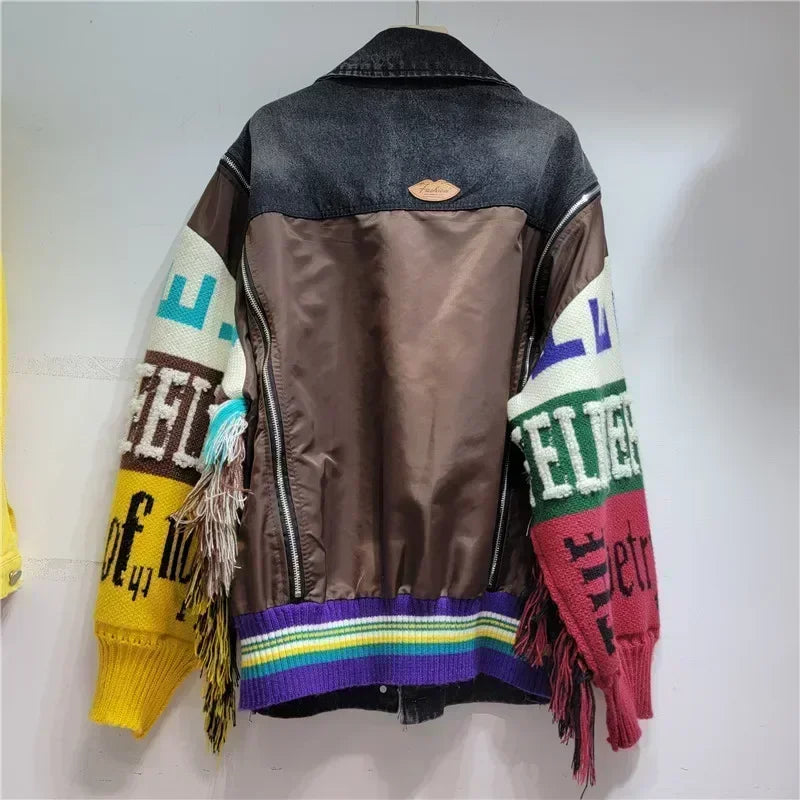 Alphabet Denim Patchwork Knitted Spliced Tassel Fringe Streetwear Women's Wool Sweater Jean Jacket
