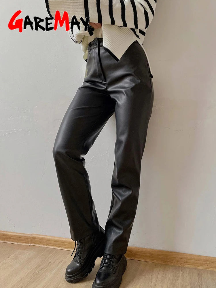 Faux Leather Slim Zipper Classic Pencil Trouser Pants