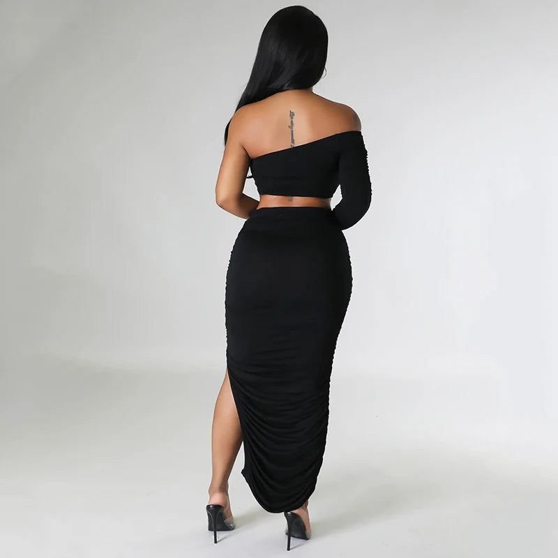 Asymmetrical One Shoulder Solid Backless Long Sleeve Crop Top + Bandage Shirred Draped Ruched High Slit Maxi Skirt 2-Piece Set