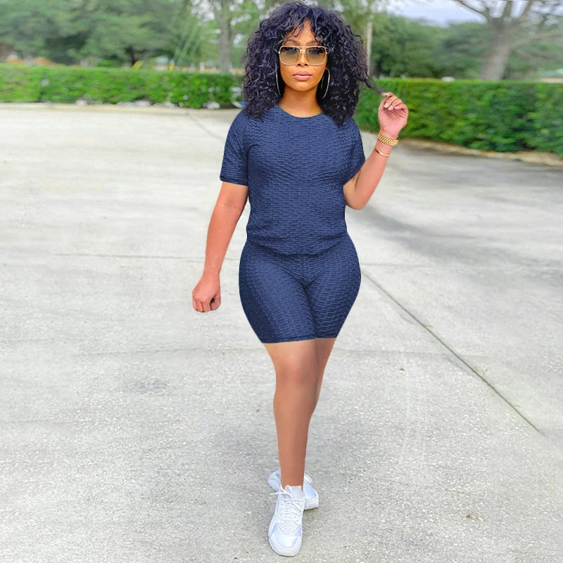 Texturized Sportswear O-Neck Solid Color Short Sleeve Women's T-Shirt + Shorts 2-Piece Fitness Workout Set