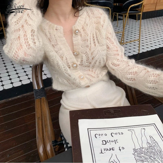 Openwork Knitted Cardigan French Style O-Neck Mohair Sweater