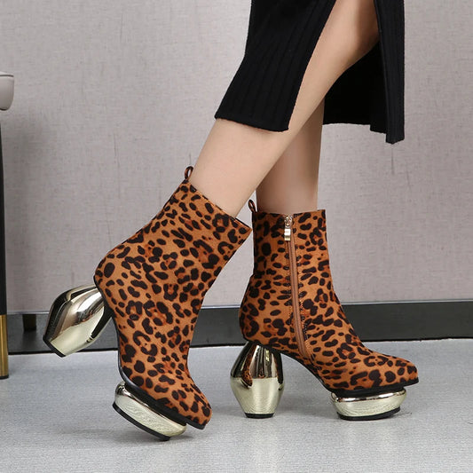 Liquid Chrome/Leopard/Solid Patent Leather Ball Heel Ankle Boots