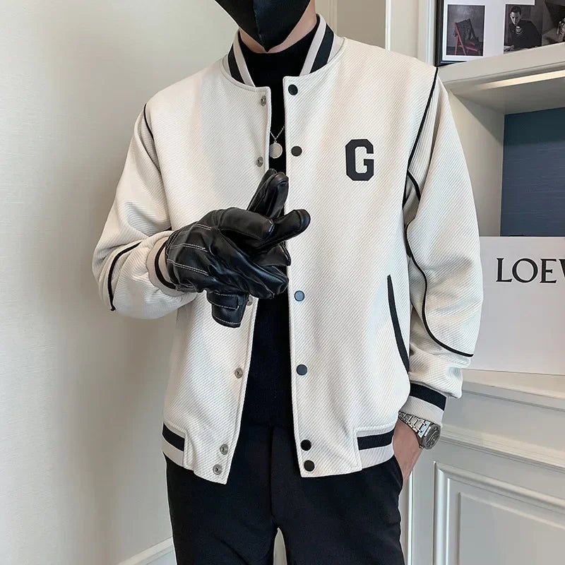 Men's "B" Letter Print Colorblock Side Striped Button-Up Stand Collar Baseball Bomber Jacket