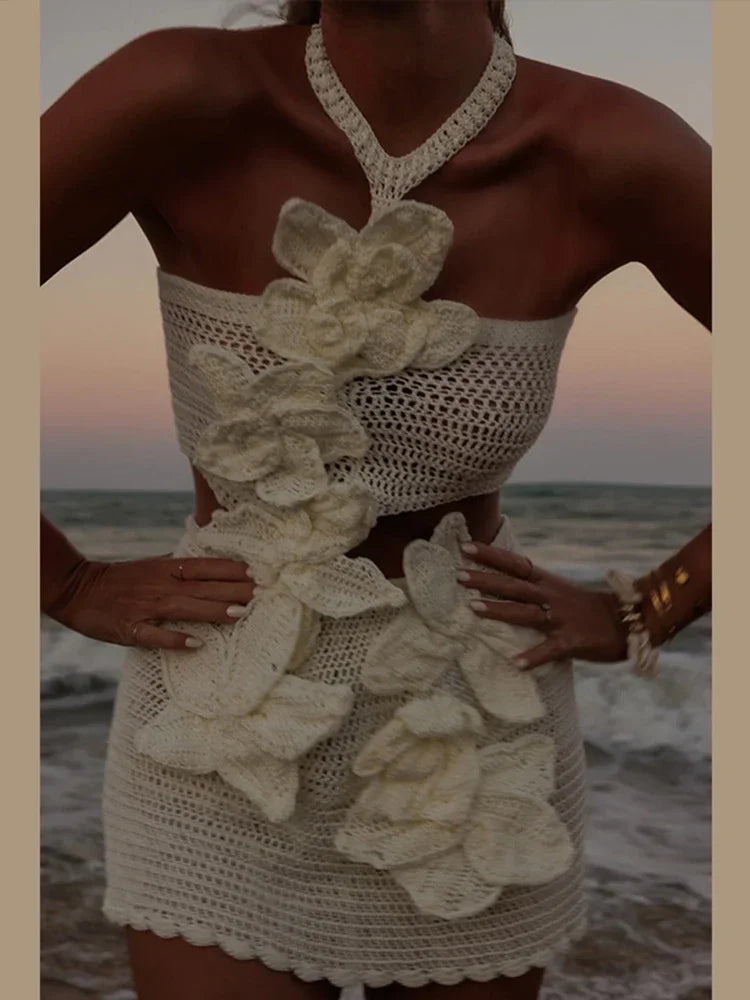 Knitted Crochet 3D Flower Embroidered Hollow-Out Sleeveless Halter Mini Dress