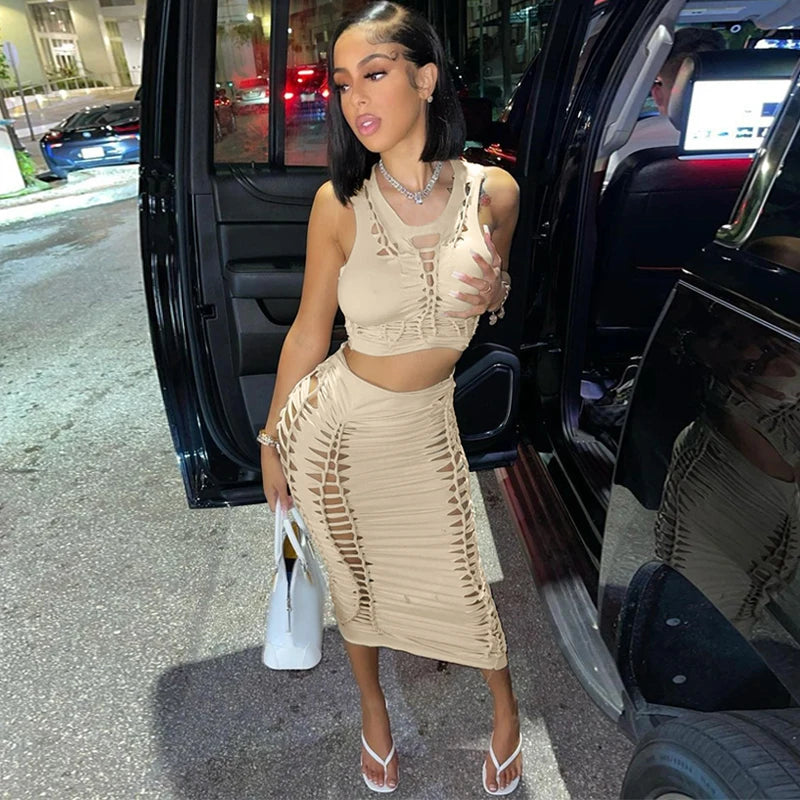 Sleeveless Ripped Streetwear Lace-Up Vest Crop Top + Hollow-Out Maxi Skirt Women's 2-Piece Set