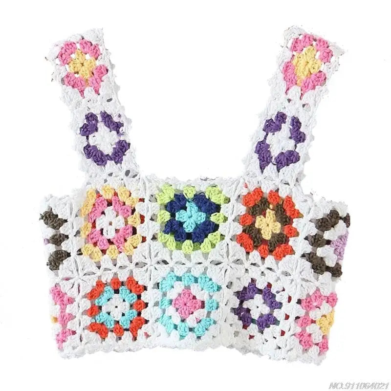 Crochet Multi-Colored Square Flower Design Knitted Square Neck Women's Sleeveless Cropped Tank Top