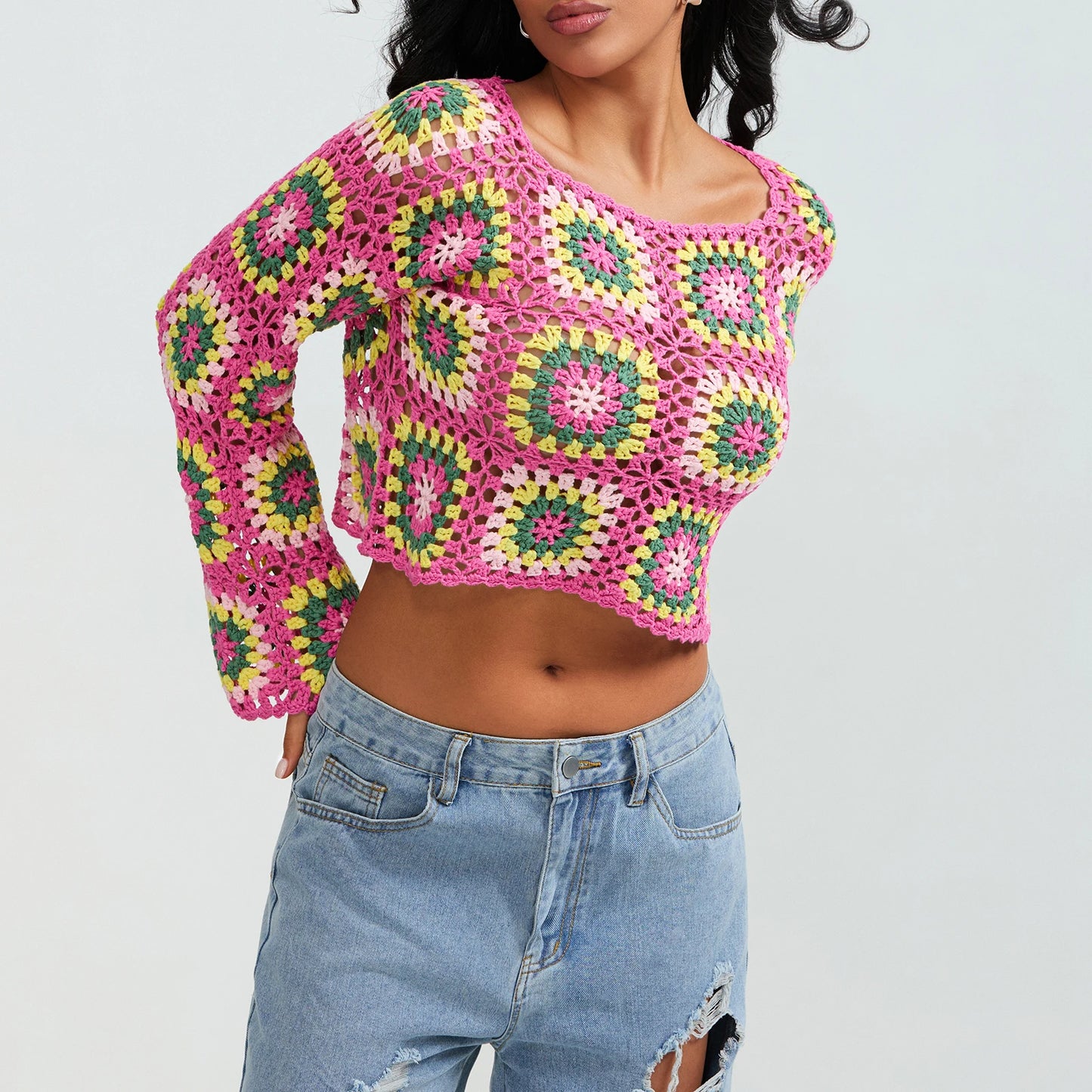 Crochet Square Floral Print Knitted Women’s Long Sleeve O-Neck Cropped Sweater