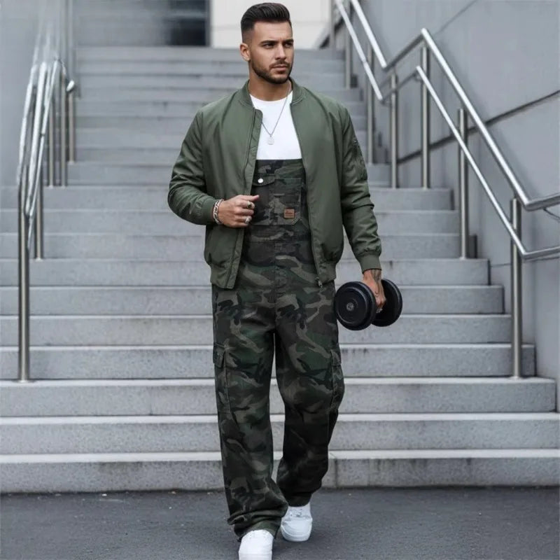 Men's Denim Sleeveless Camoflauge Jean Overalls
