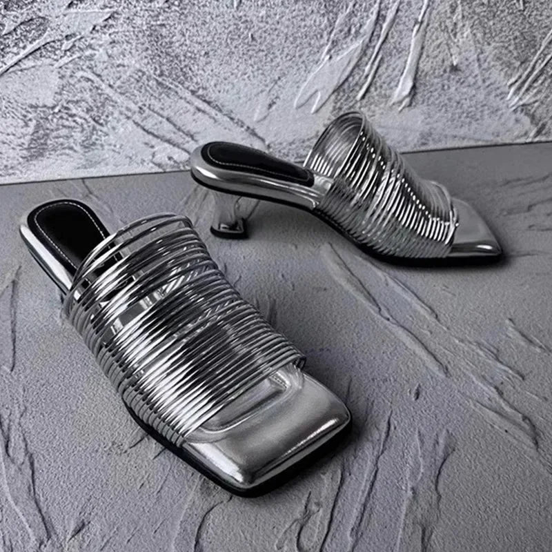 Metallic Square Toe Women's Solid Color Low Heel Sandals