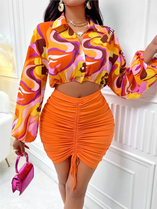 Geometric Swirl Print Long Lantern Sleeve Blouse + Orange Ruched Drawstring Skinny Mini Skirt 2-Piece Set