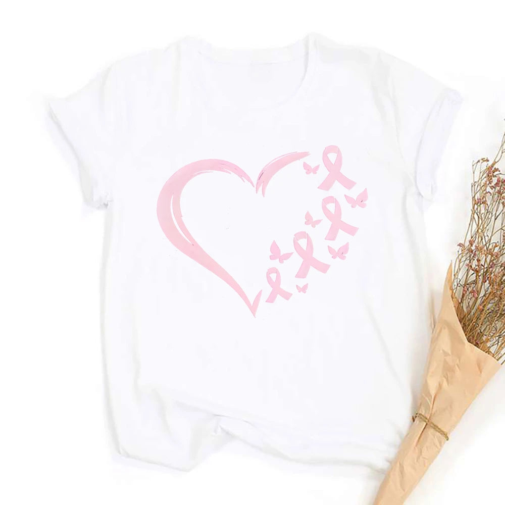 Heart Print Women's Pink Ribbon Breast Cancer Awareness T-Shirt
