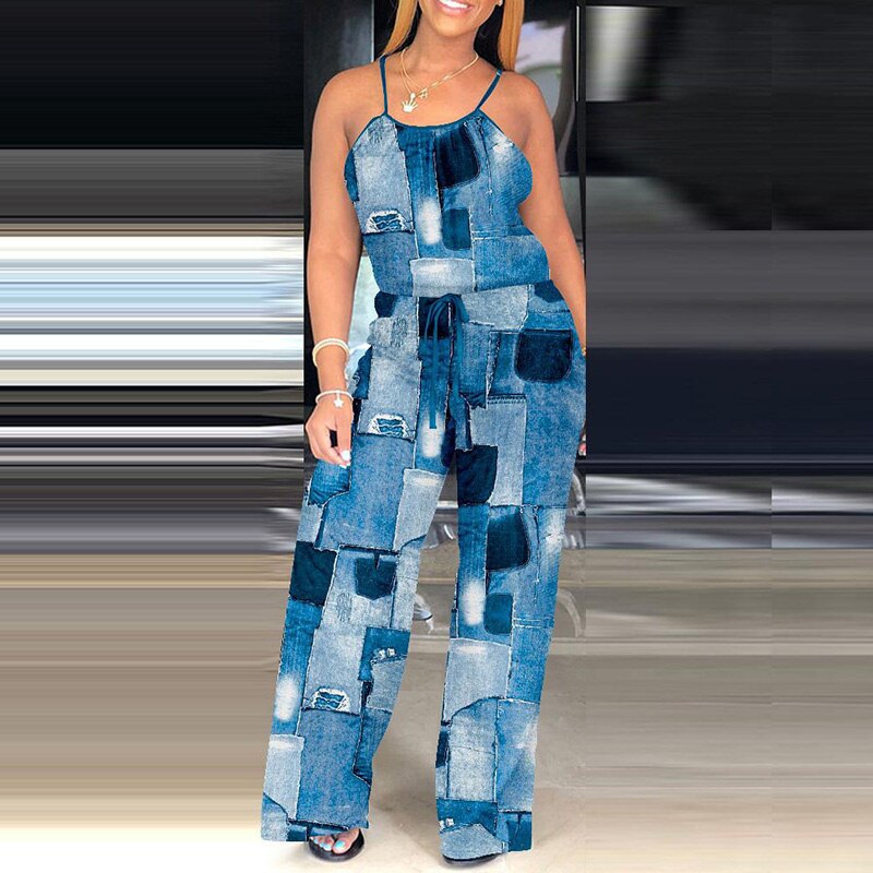 Thin Shoulder Strap Patchwork Print Jumpsuit