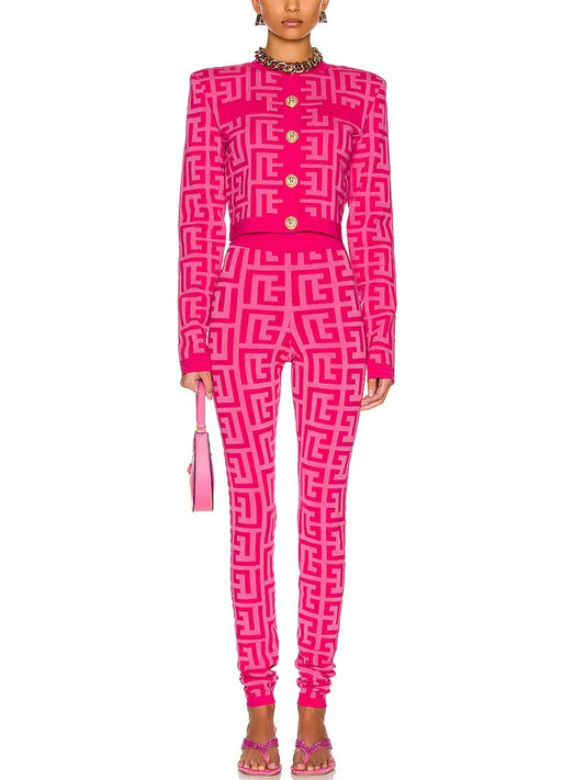 Pink Designer Lion Buttons Monogram Geometric Jacquard Knitted Sweater Cardigan/Matching Knitted Pants