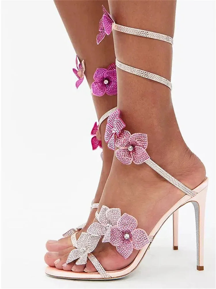 Crystal Flower Narrow Band Ankle Strap Thin Stiletto Heel Formal Sandal Pumps