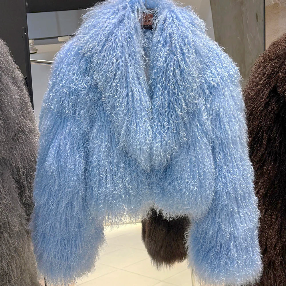 Shaggy Mongolia Sheep Fur Oversized Collar Women's Jacket to 8X Plus Size