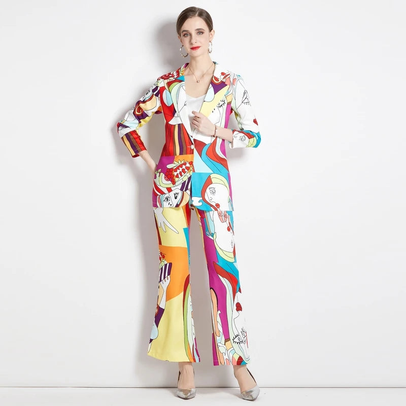 Colorblock Cartoon Print Trouser Suit Notched Blazer Jacket + Matching Flared Pants Ladies Suit