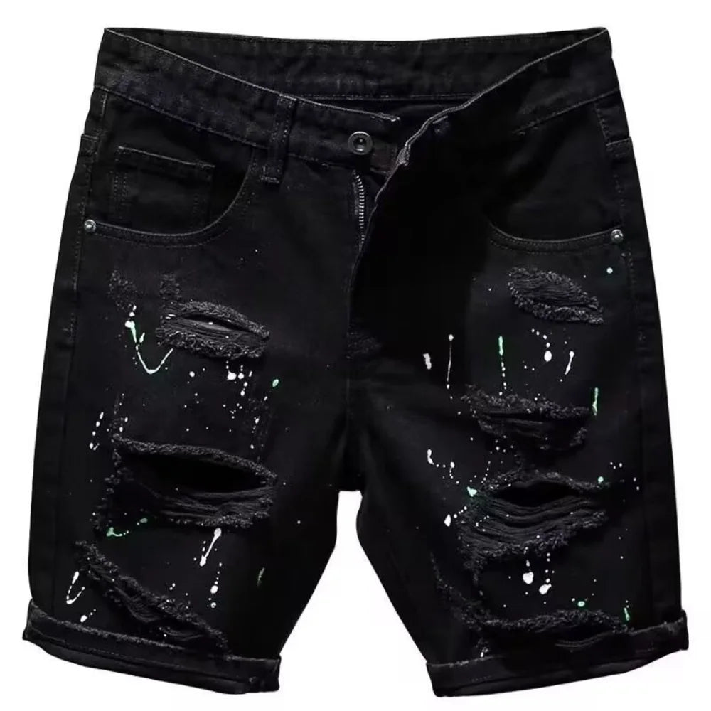 Men's Y2K Denim Streetwear Ripped Dotted Glitter Ink Designer Distressed Jean Shorts