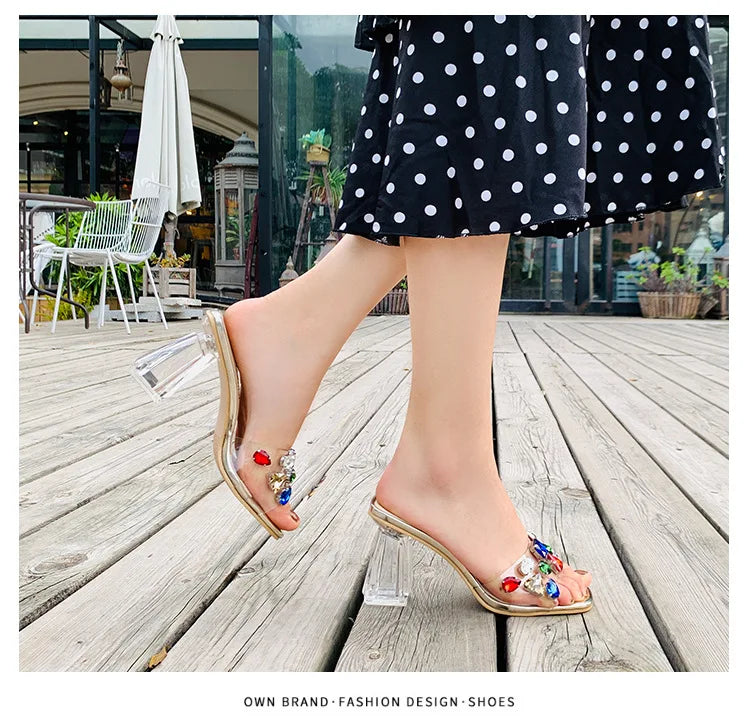 PVC Transparent Clear Crystal Rainbow Rhinestone Embellished Open Toe Low Heel Women's Sandals