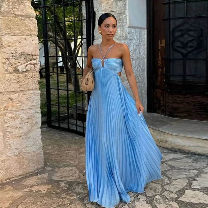 Pleated Halter Spaghetti Strap Backless Sleeveless Beach Maxi Dress