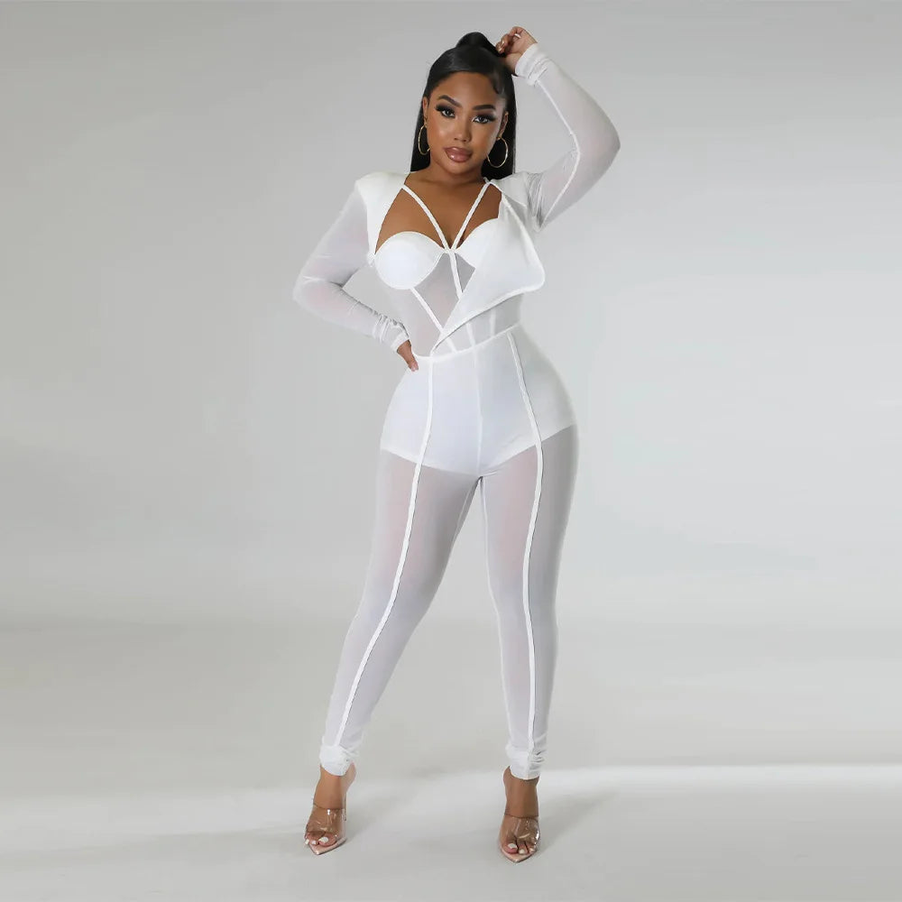 Sheer Transparent Corset Design Long Sleeve V-Neck Solid Color High Waist Jumpsuit