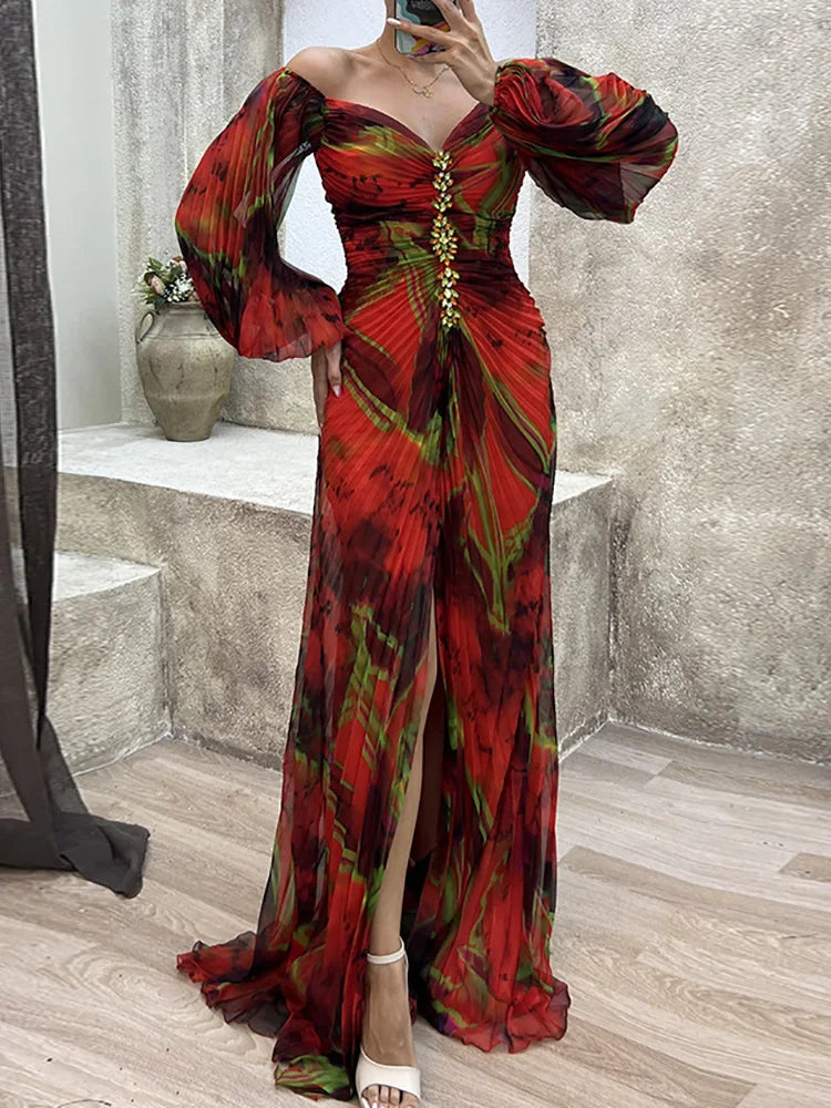 Chiffon Lantern Sleeve Floral Pleated Long Sleeve V-Neck High Split Maxi Dress