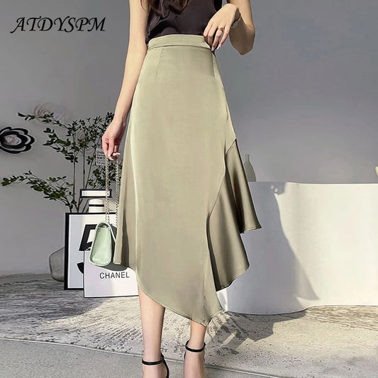 Ruffled High Waist Satin Irregular A-Line Mermaid Midi Skirt