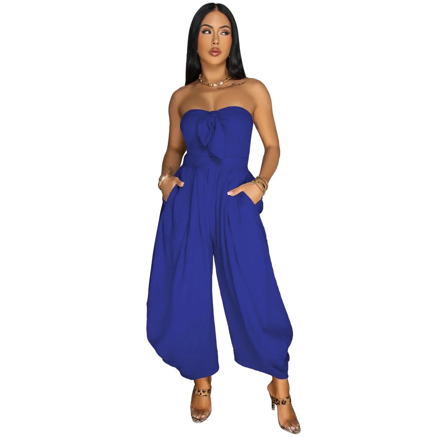 Sleeveless Bowknot Design Solid Color Baggy Tube Top Women's Jumpsuit