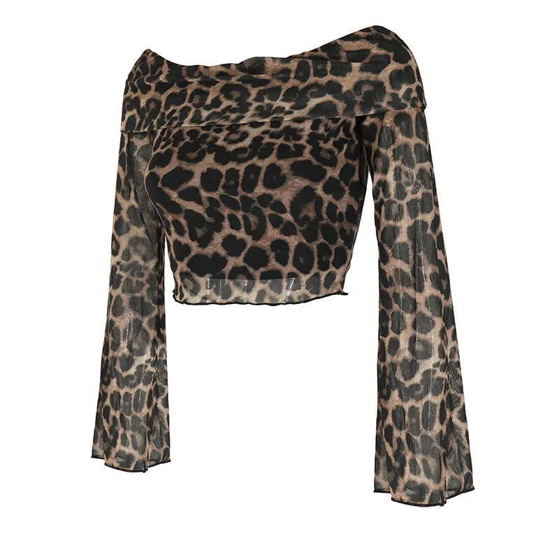Leopard Print Off-the-Shoulder Streetwear Long Sleeve O-Neck Women's Shirt