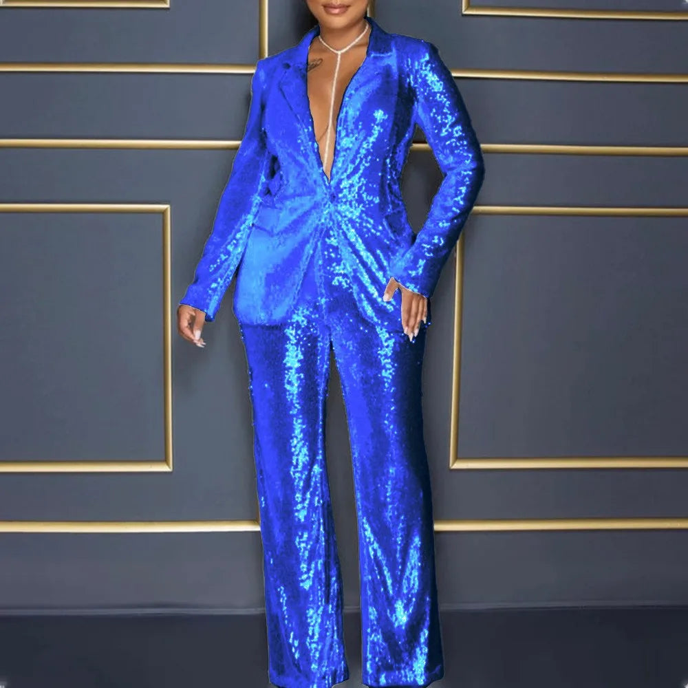 Sequined Sparkling Long Sleeve Blazer + High Waist Wide Leg Pants Women's Formal Party Suit