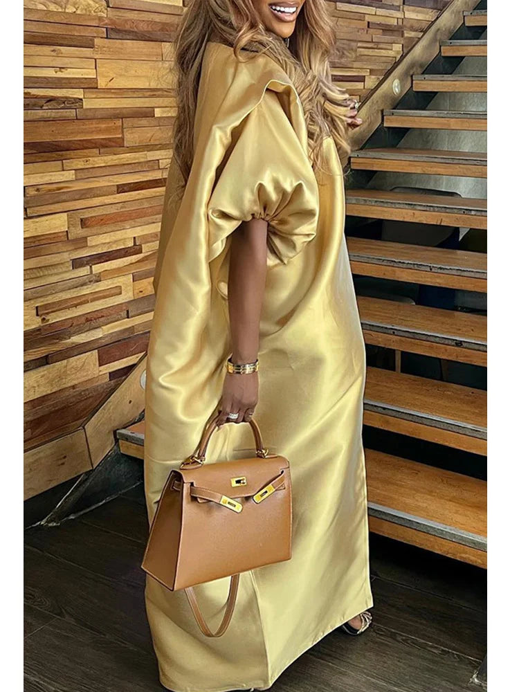 Gold Satin Oversized Solid Loose Maxi Dress