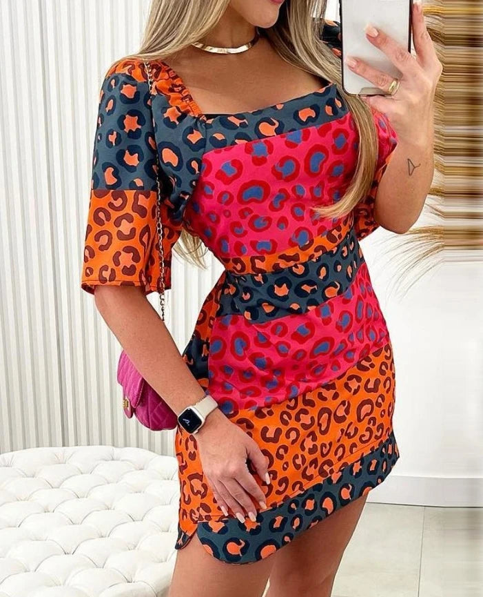 Backless Multicolor Leopard Colorblock Print Short Sleeve Temperament Mini Dress