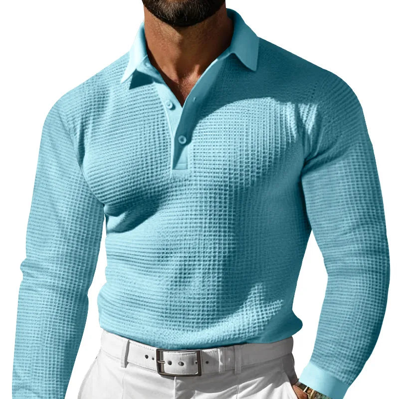 Men's Waffle Pattern Long Sleeve Turn-Down Collar Pullover Polo Shirt