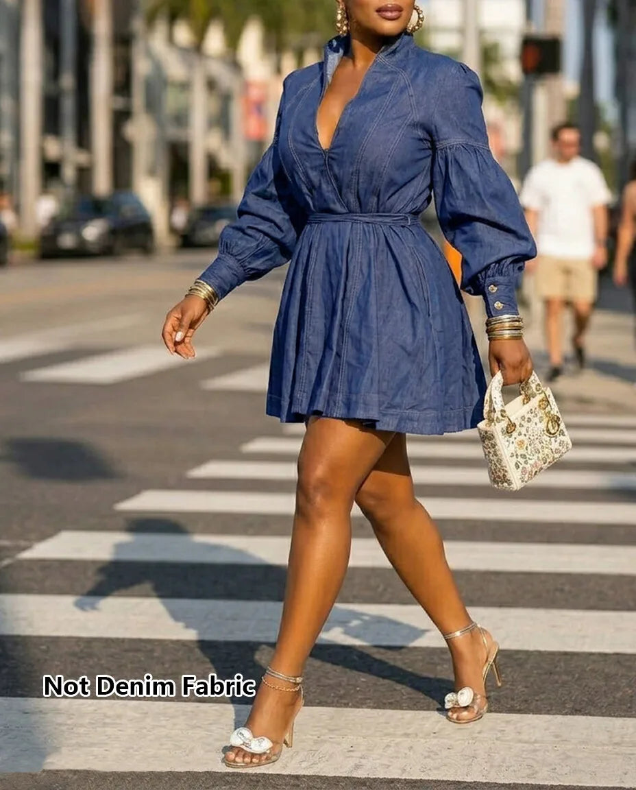 Mock Denim Blue Deep V-Neck Long Puff Sleeve Streetwear Mini Jean Dress