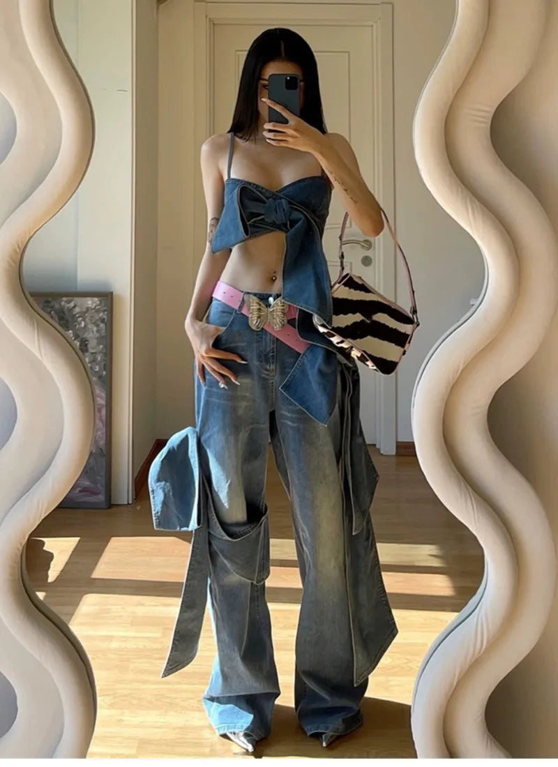 Denim Oversized Bowtie Detail Bandage Crop Top + High Waist Wide Leg Cargo Jeans Ladies 2-Piece Set