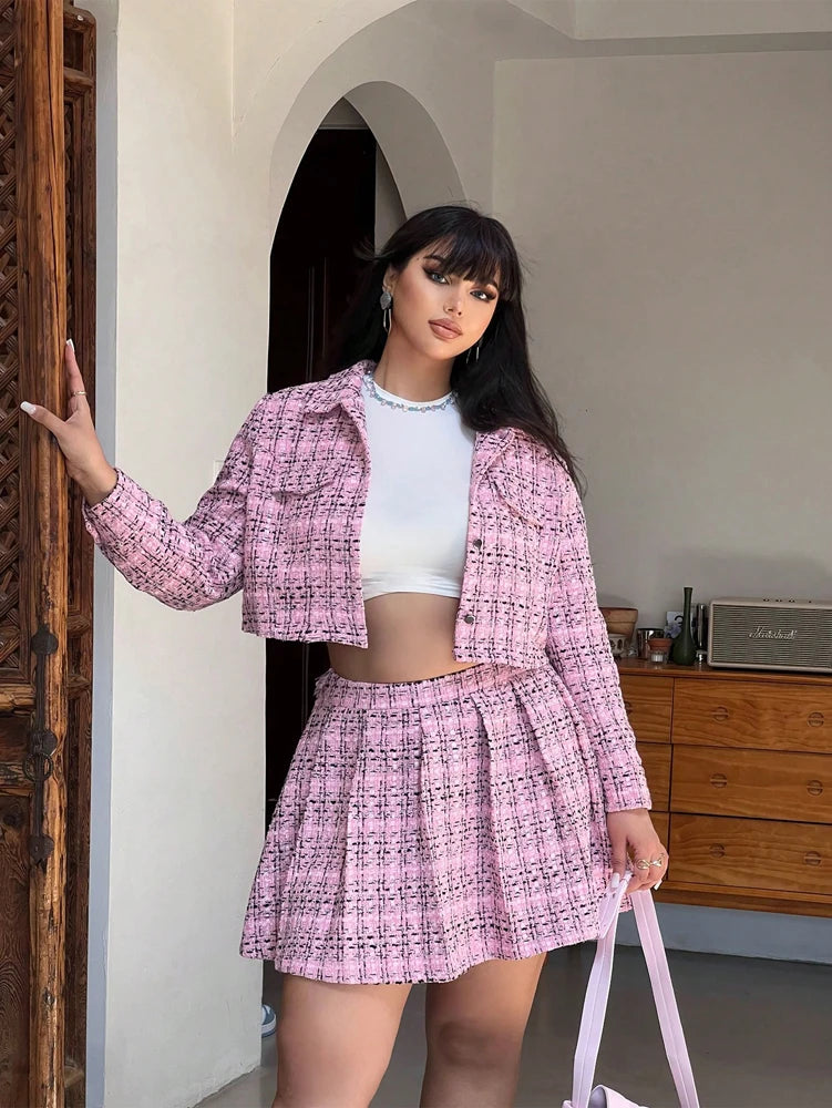 Plus-Size Women's Tweed Two-Piece Set: Cropped Blazer and Mini Skirt—Perfect for Casual Outfits, Dates, and Parties