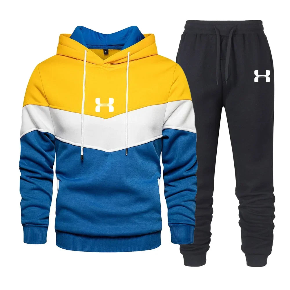 Men's Striped Colorblock Drawstring Printed Hoodie + Solid Sweatpants Tracksuit