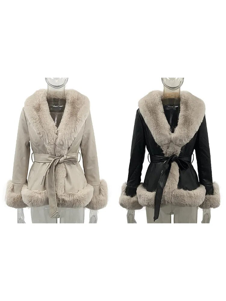 Faux Fur PU Leather Short Tie Belt Waist Coat