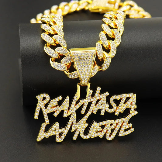 "Real Hasta la Muerte" OR $ Sign Rhinestone Pendant Hip-Hop Letter 13MM Cuban Chain Necklace