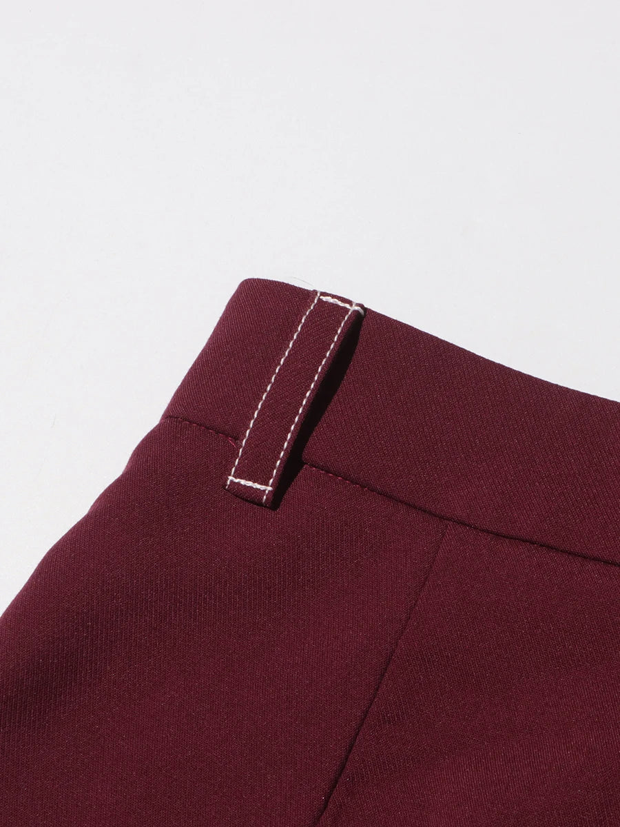 Burgundy Irregular Notched Collar Double Strap Design Blazer Jacket + High Waist Straight Pants Women's Formal Suit