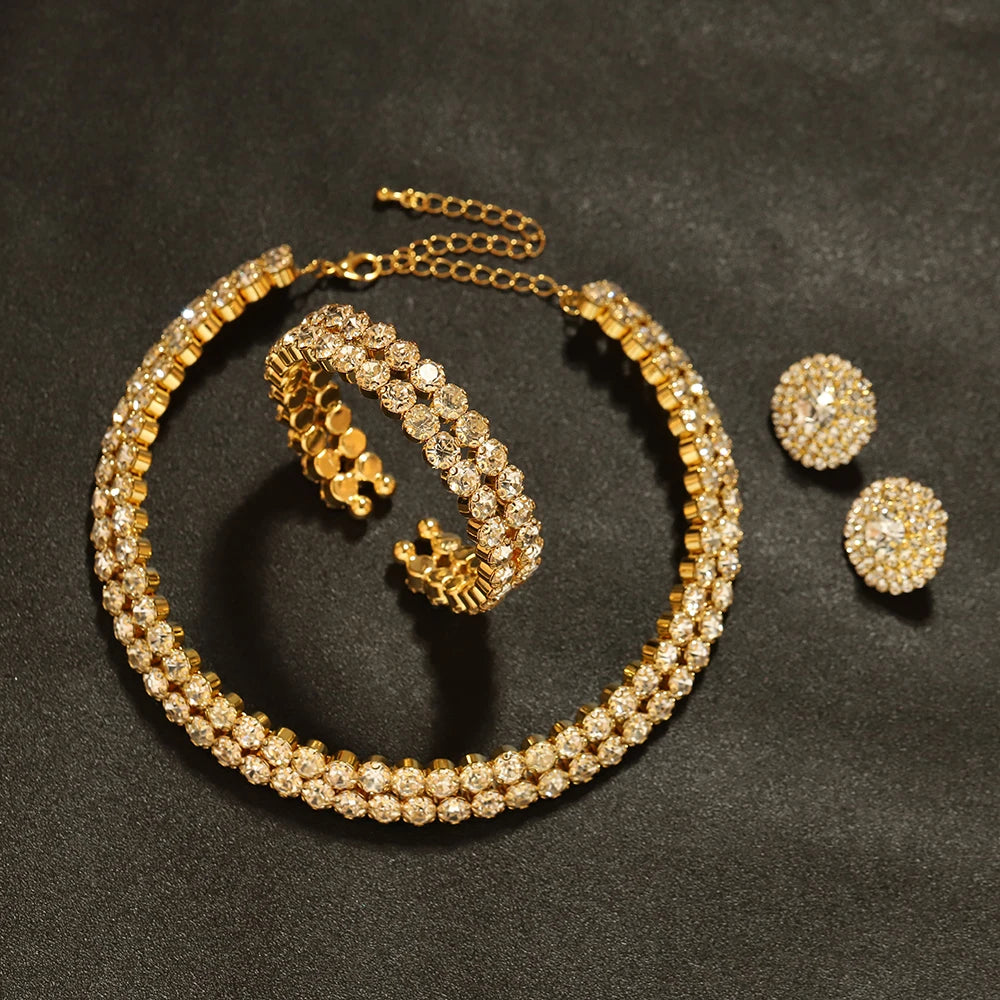 Gold Color Crystal Rhinestone African Bridal Jewelry 3-Piece Sets: Choker Necklace, Earrings + Bracelet